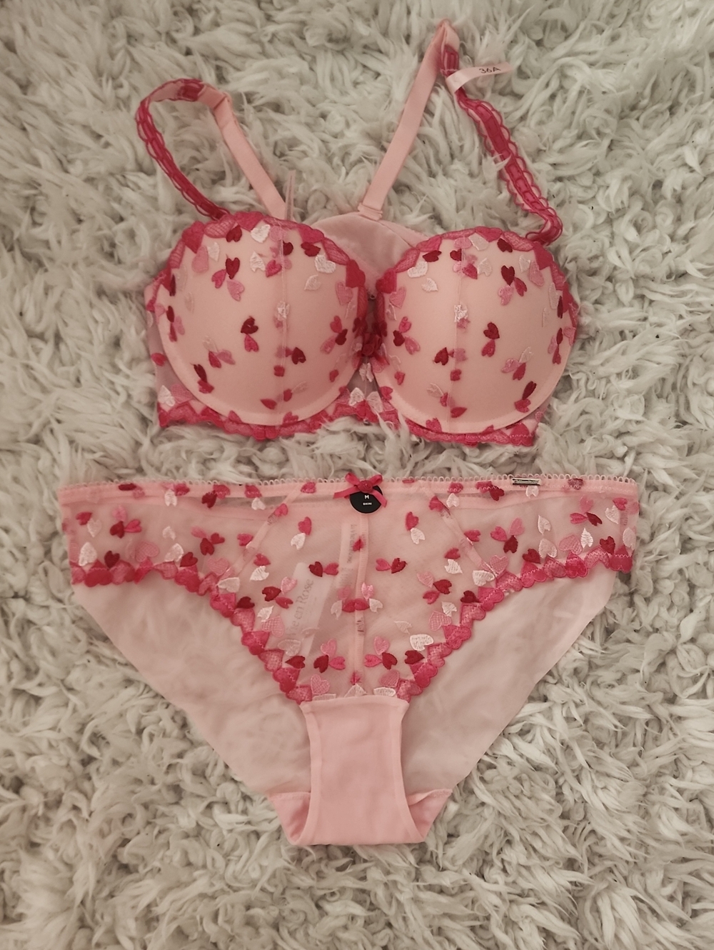 La Vie En Rose Pink Bra & Bikini Set with Red Heart Embroidery